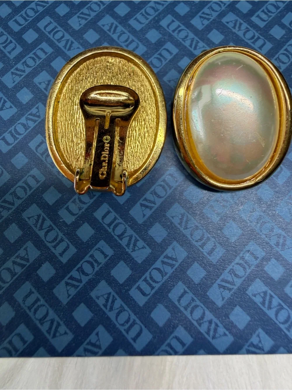 VINTAGE CHRISTIAN DIOR Gold-Trim Iridescent Oval Clip-On Earrings
